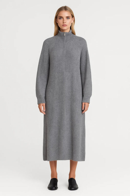 Robe Pull Longue Femme | Robe Col Zippé à Manches Longues | Légère et Respirante