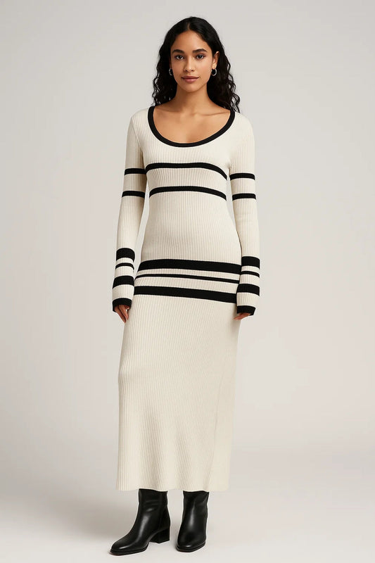 Robe Pull Longue Rayée | Robe d’Hiver Confortable | Élégante et Douillette