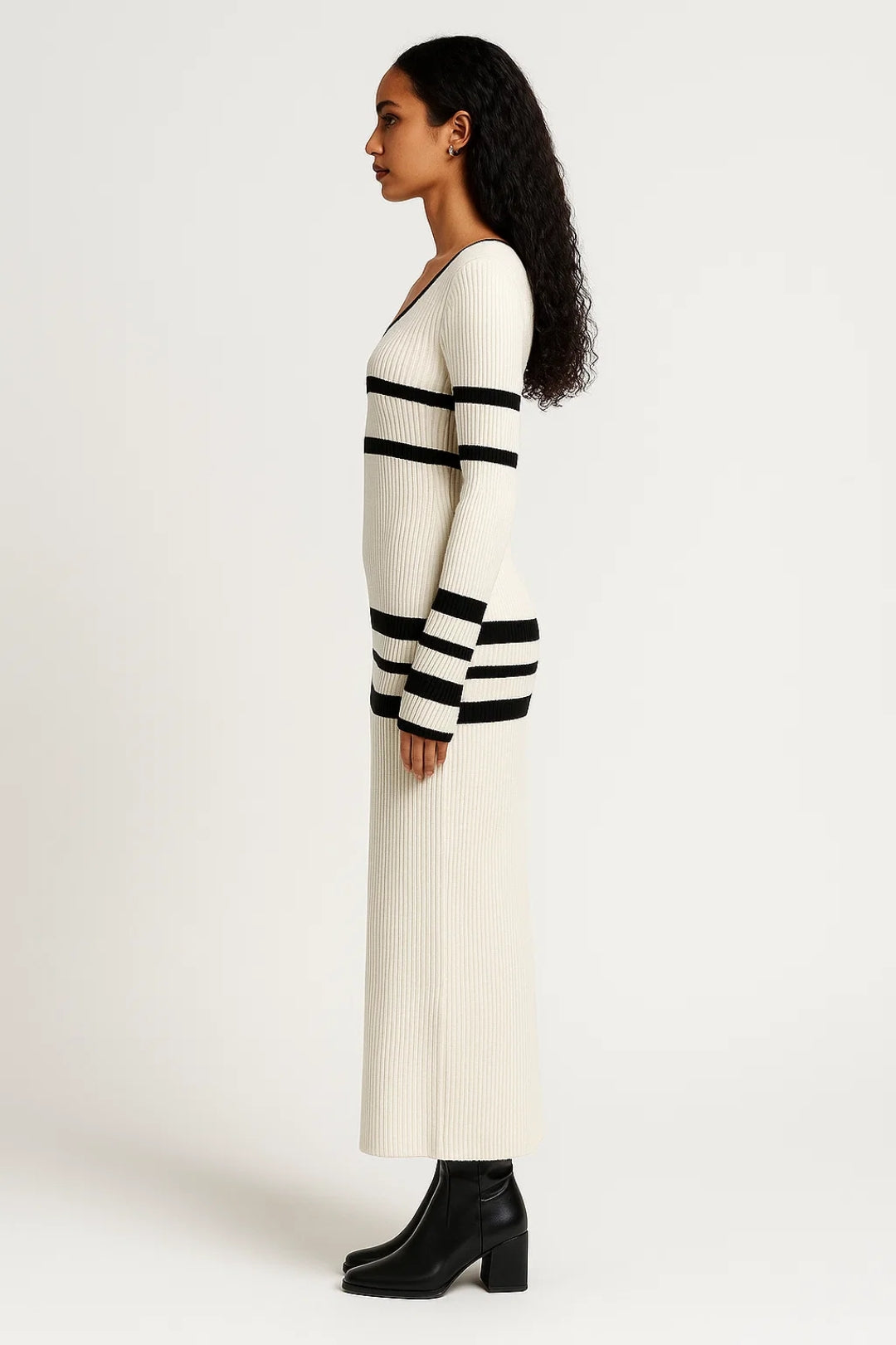 Robe Pull Longue Rayée | Robe d’Hiver Confortable | Élégante et Douillette