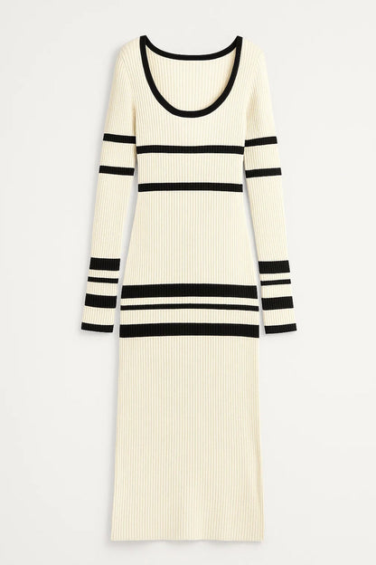 Robe Pull Longue Rayée | Robe d’Hiver Confortable | Élégante et Douillette