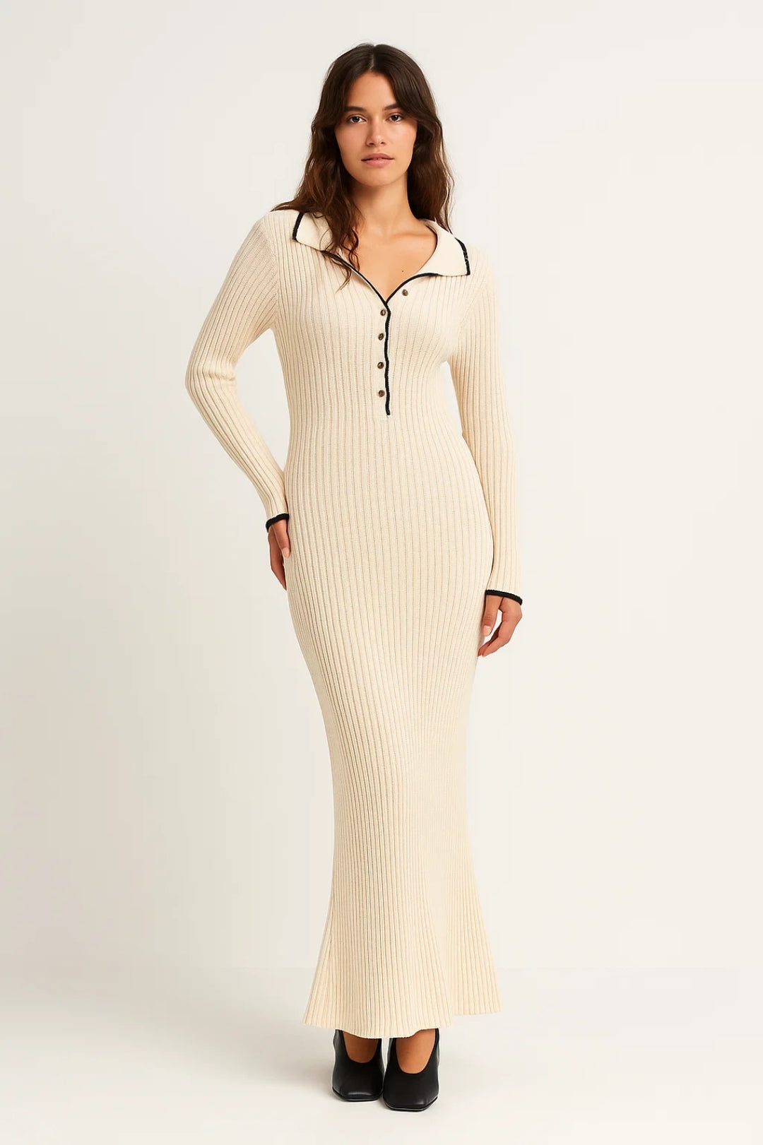 Robe Pull Longue | Robe Tricotée à Col Contrasté | Élégante et Confortable