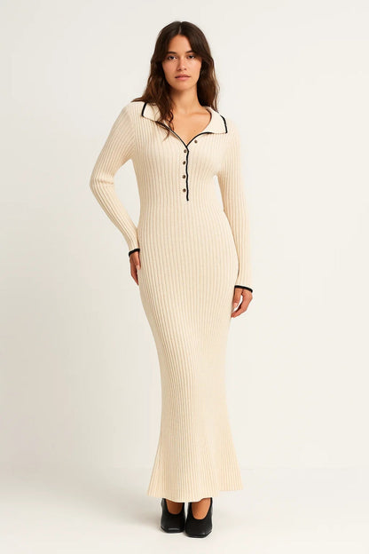 Robe Pull Longue | Robe Tricotée à Col Contrasté | Élégante et Confortable