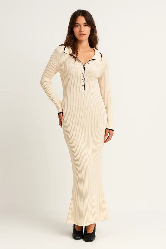 Robe Pull Longue | Robe Tricotée à Col Contrasté | Élégante et Confortable