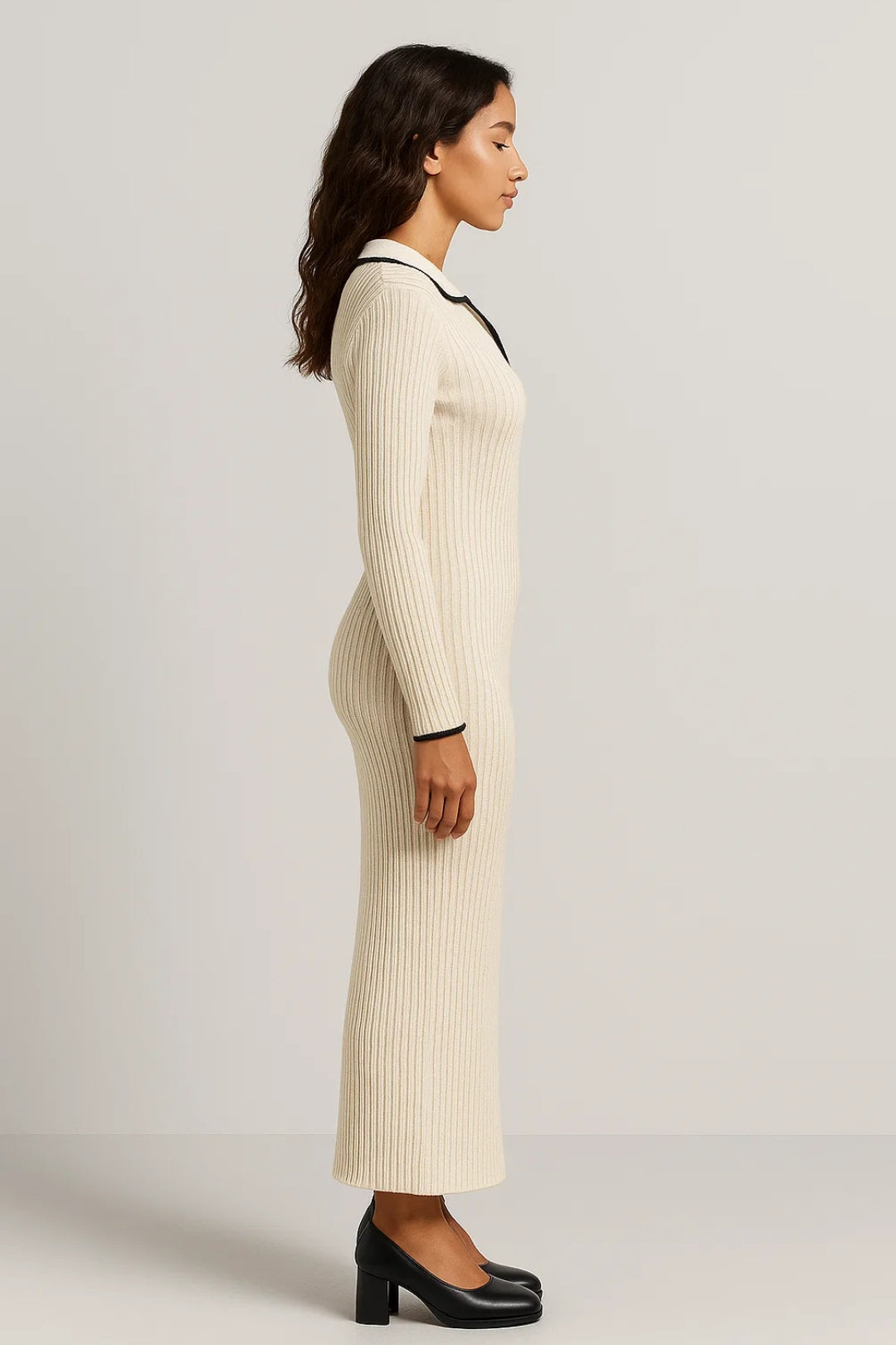 Robe Pull Longue | Robe Tricotée à Col Contrasté | Élégante et Confortable