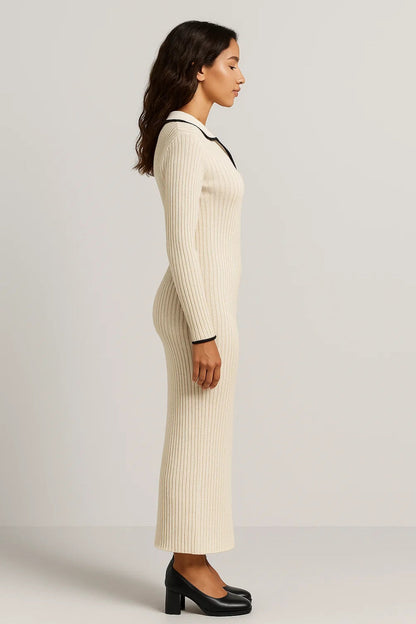 Robe Pull Longue | Robe Tricotée à Col Contrasté | Élégante et Confortable