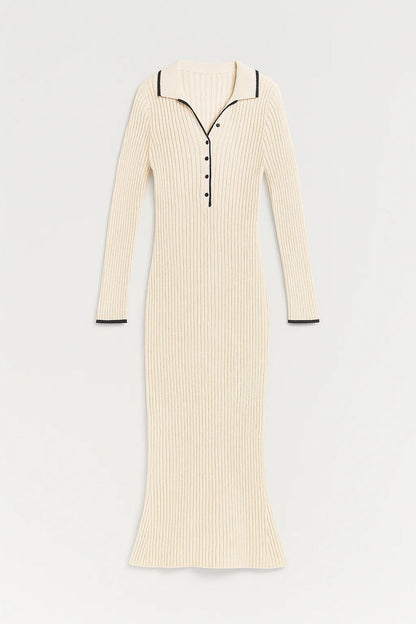 Robe Pull Longue | Robe Tricotée à Col Contrasté | Élégante et Confortable