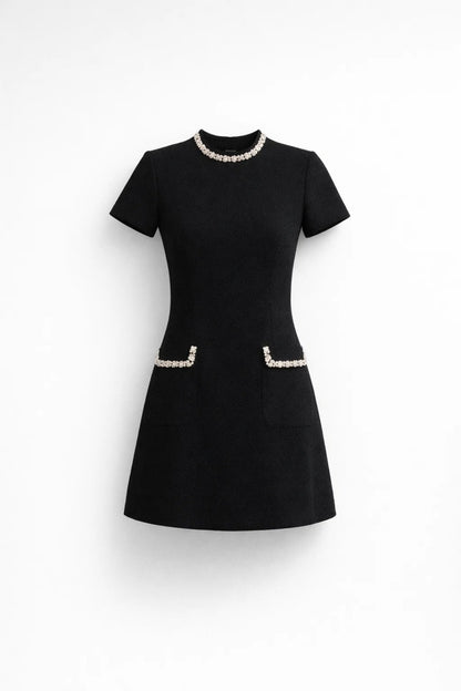 Robe Mini Femme - Col Rond Manches Courtes Poches Dorées | Chic