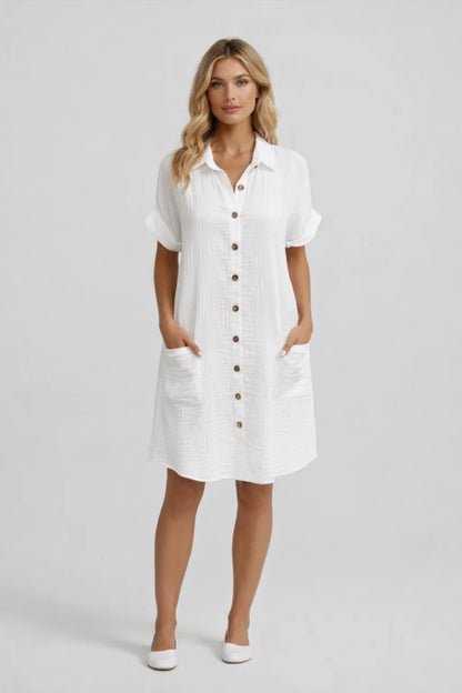 Robe Midi Femme - Col Chemise Boutons Manches Courtes | Casual