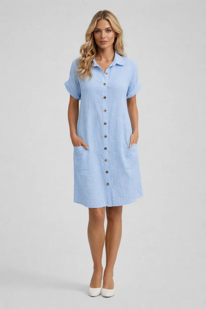 Robe Midi Femme - Col Chemise Boutons Manches Courtes | Casual