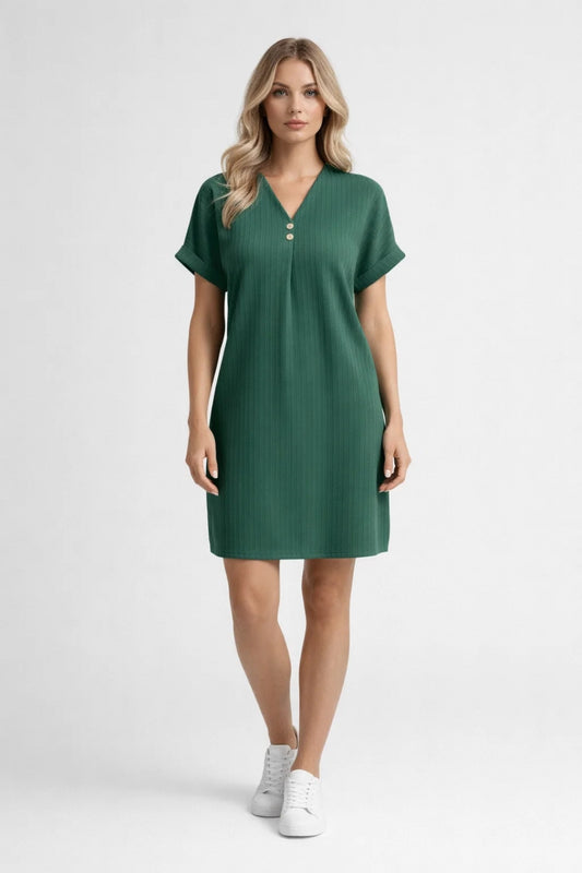 Robe Mini Femme - Col V Manches Courtes Coupe Droite | Casual