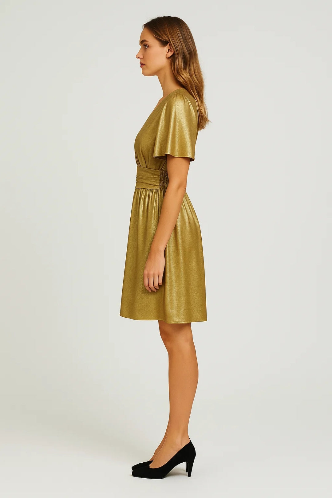 Robe dorée femme | Robe courte à effet métallisé | Brillante et fluide