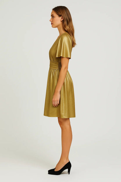 Robe dorée femme | Robe courte à effet métallisé | Brillante et fluide