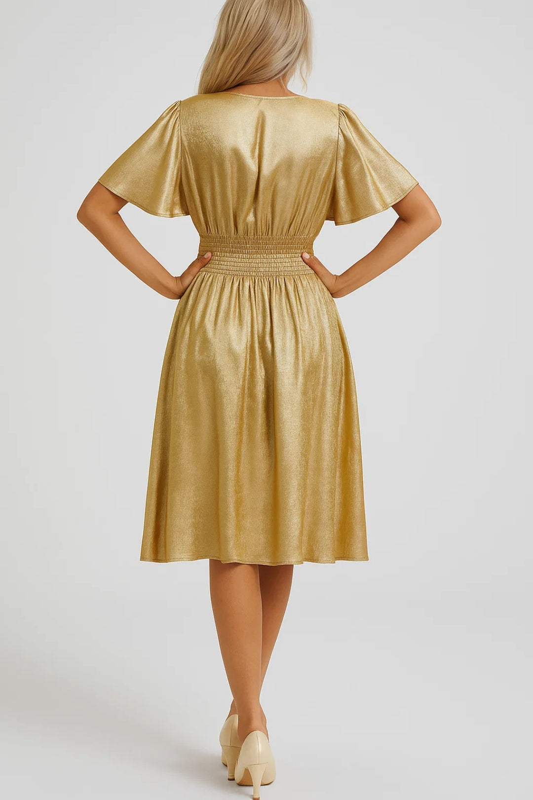 Robe dorée femme | Robe courte à effet métallisé | Brillante et fluide