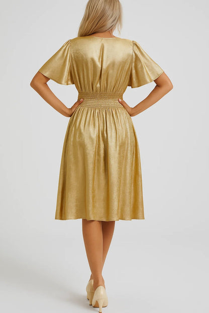 Robe dorée femme | Robe courte à effet métallisé | Brillante et fluide