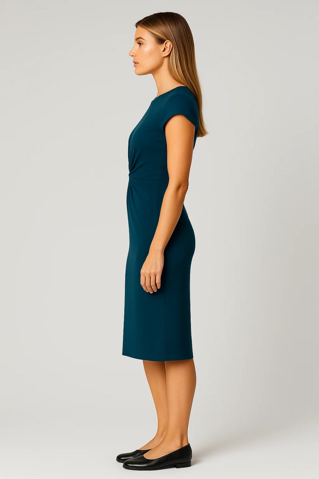 Robe drapée ajustée | Robe midi manches courtes | Légère et respirante