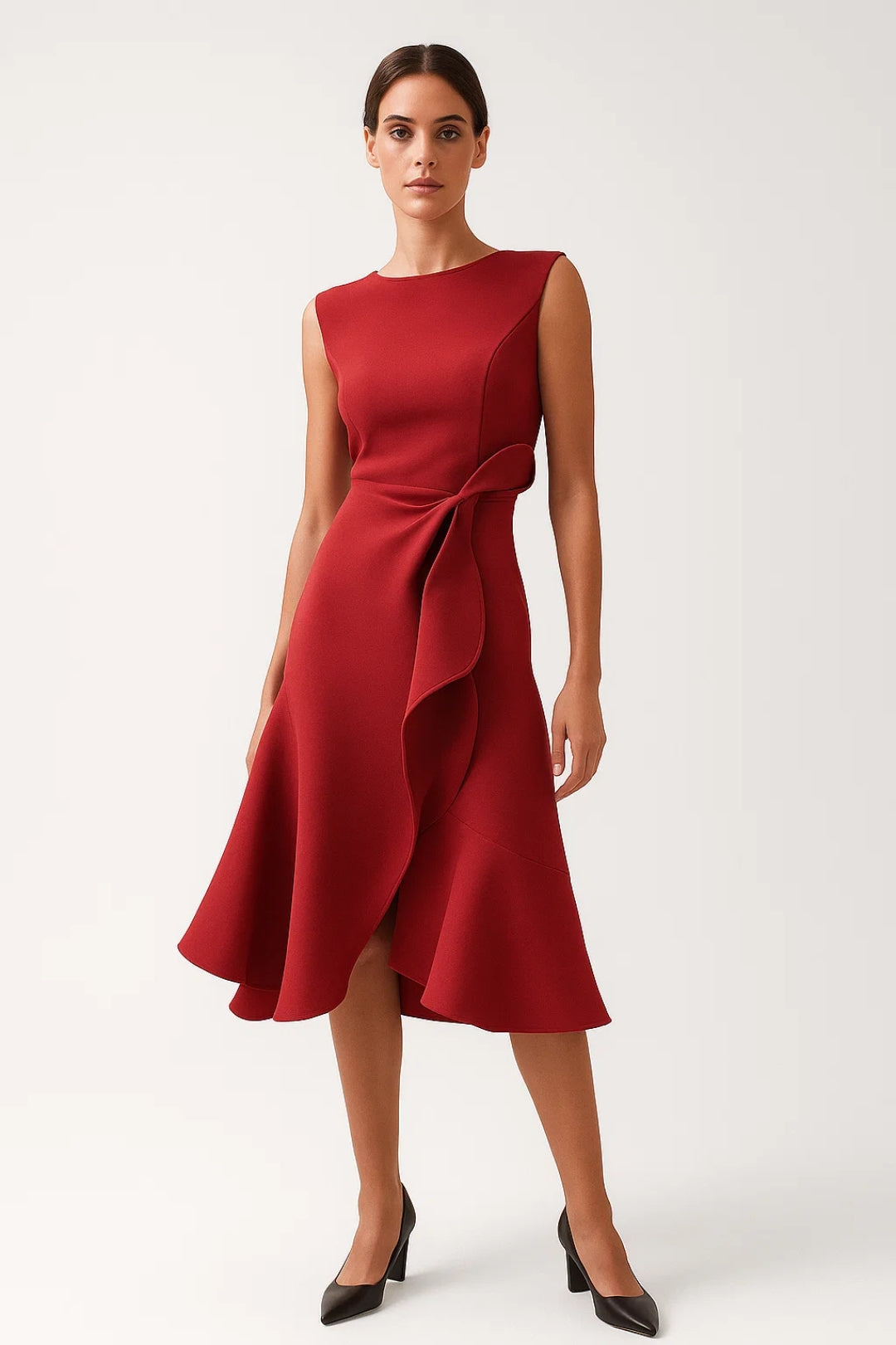 Robe élégante à volant noué | Robe midi sans manches | Légère et respirante