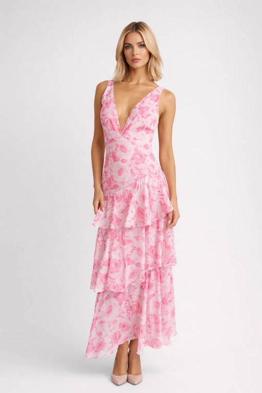 Robe Maxi Femme - Volantée Décolleté V Dos Nu | Florale Chic