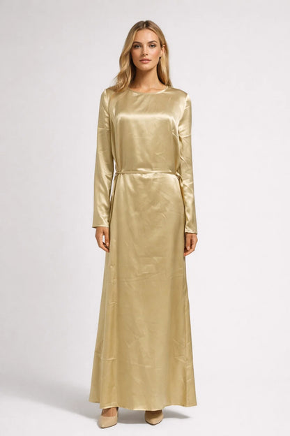 Robe Maxi Femme - Manches Longues Brillante Ceinturée | Élégante