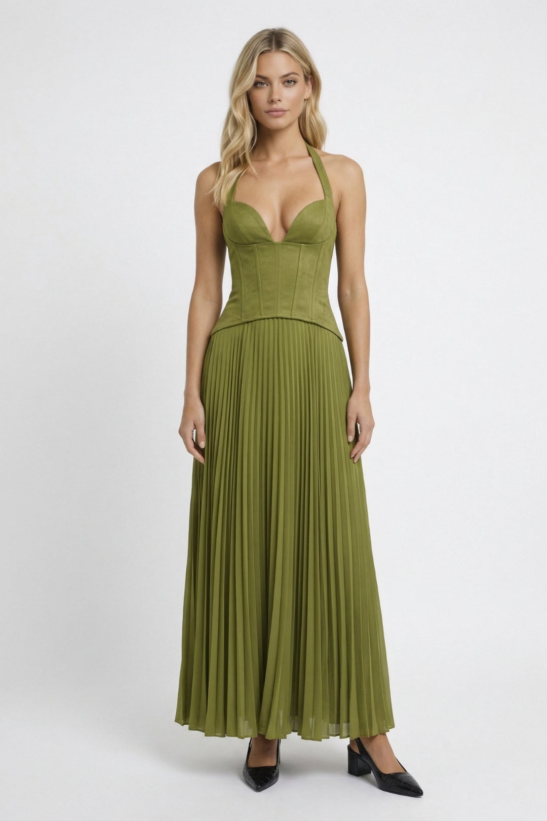Robe Maxi Femme - Halter Corset Jupe Plissée Évasée | Élégante