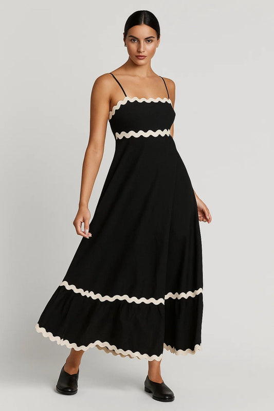 Robe longue à bretelles fines | Robe contrastée à bord ondulé | Légère et respirante