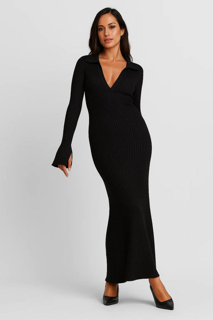 Robe longue moulante en maille | Robe à col polo et manches longues | Légère et respirante