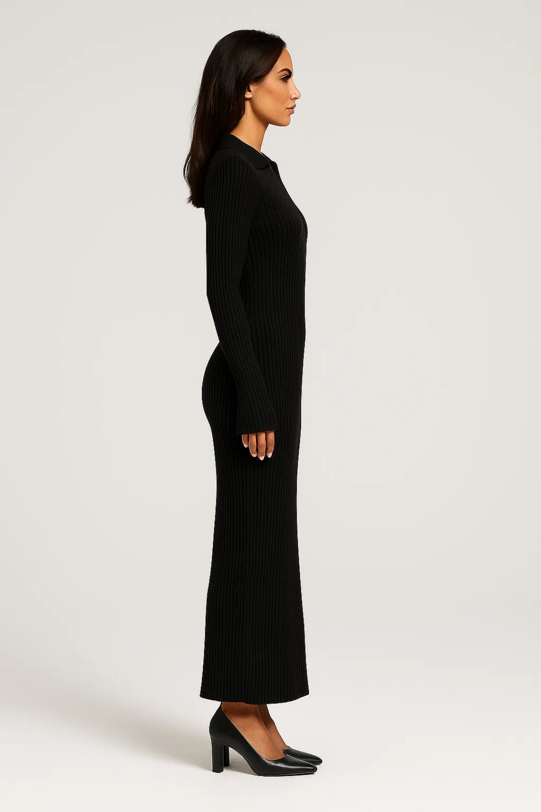 Robe longue moulante en maille | Robe à col polo et manches longues | Légère et respirante