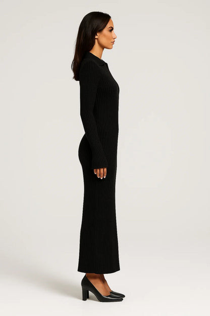 Robe longue moulante en maille | Robe à col polo et manches longues | Légère et respirante