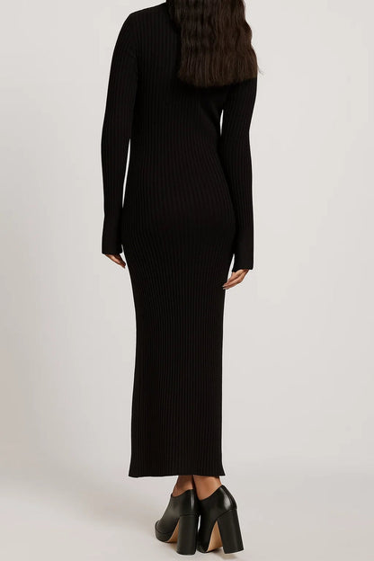 Robe longue moulante en maille | Robe à col polo et manches longues | Légère et respirante