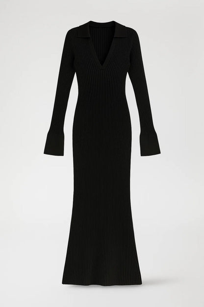 Robe longue moulante en maille | Robe à col polo et manches longues | Légère et respirante