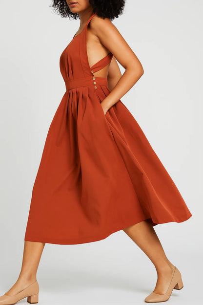 Robe mi-longue plissée | Robe d’été à bretelles larges | Légère et respirante