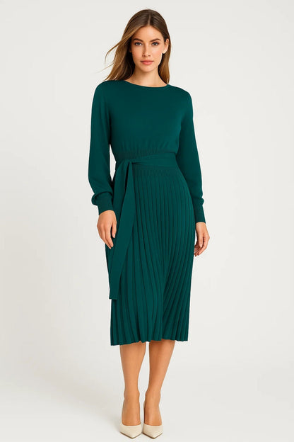 Robe mi-longue plissée en maille | Robe à manches longues et ceinture nouée | Légère et respirante