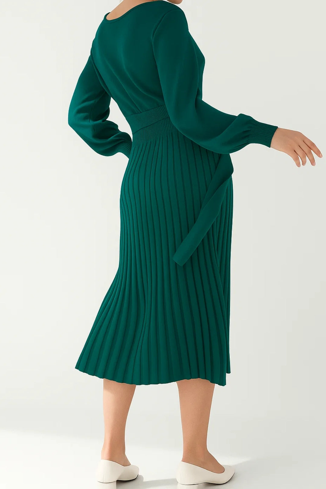 Robe mi-longue plissée en maille | Robe à manches longues et ceinture nouée | Légère et respirante