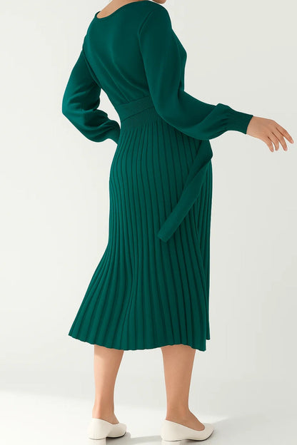 Robe mi-longue plissée en maille | Robe à manches longues et ceinture nouée | Légère et respirante