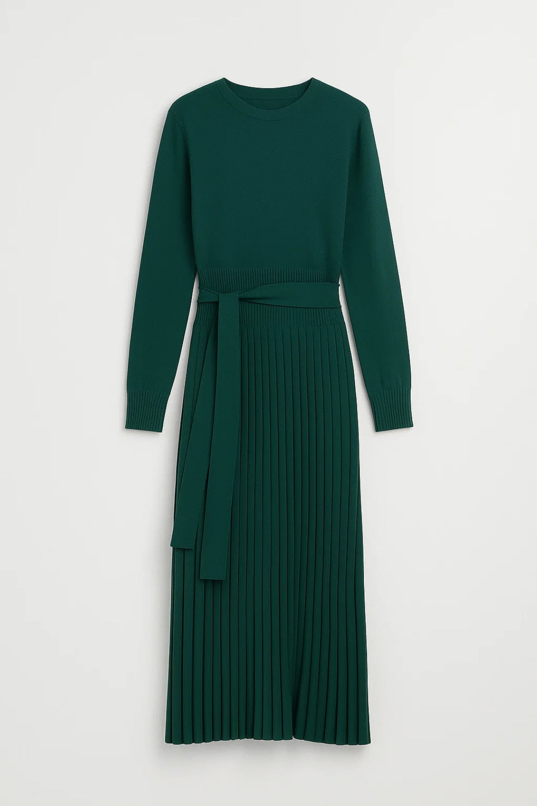 Robe mi-longue plissée en maille | Robe à manches longues et ceinture nouée | Légère et respirante