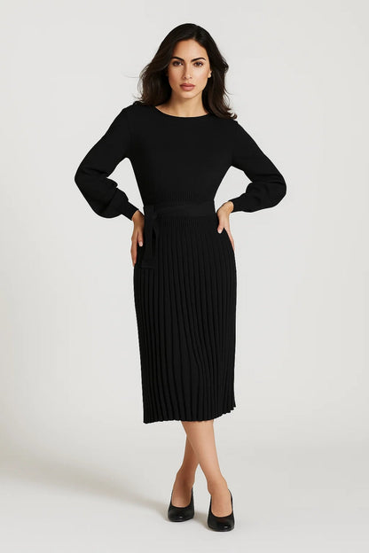 Robe mi-longue plissée en maille | Robe à manches longues et ceinture nouée | Légère et respirante