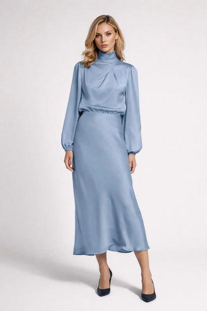Robe Midi Femme - Col Montant Manches Bouffantes | Élégante