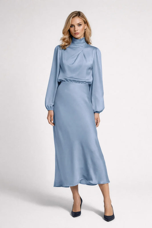 Robe Midi Femme - Col Montant Manches Bouffantes | Élégante
