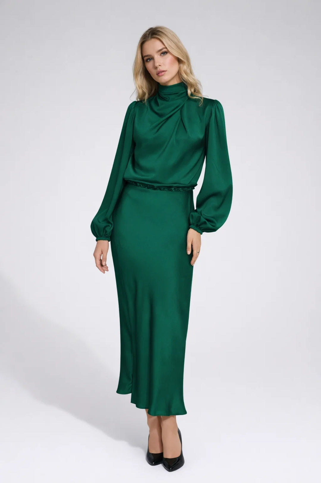 Robe Midi Femme - Col Montant Manches Bouffantes | Élégante
