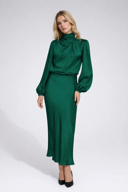 Robe Midi Femme - Col Montant Manches Bouffantes | Élégante