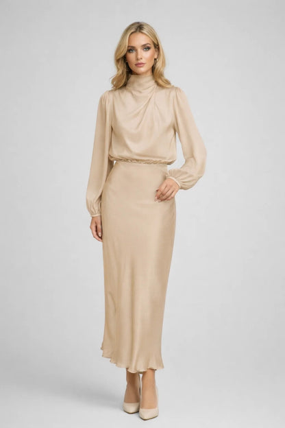 Robe Midi Femme - Col Montant Manches Bouffantes | Élégante