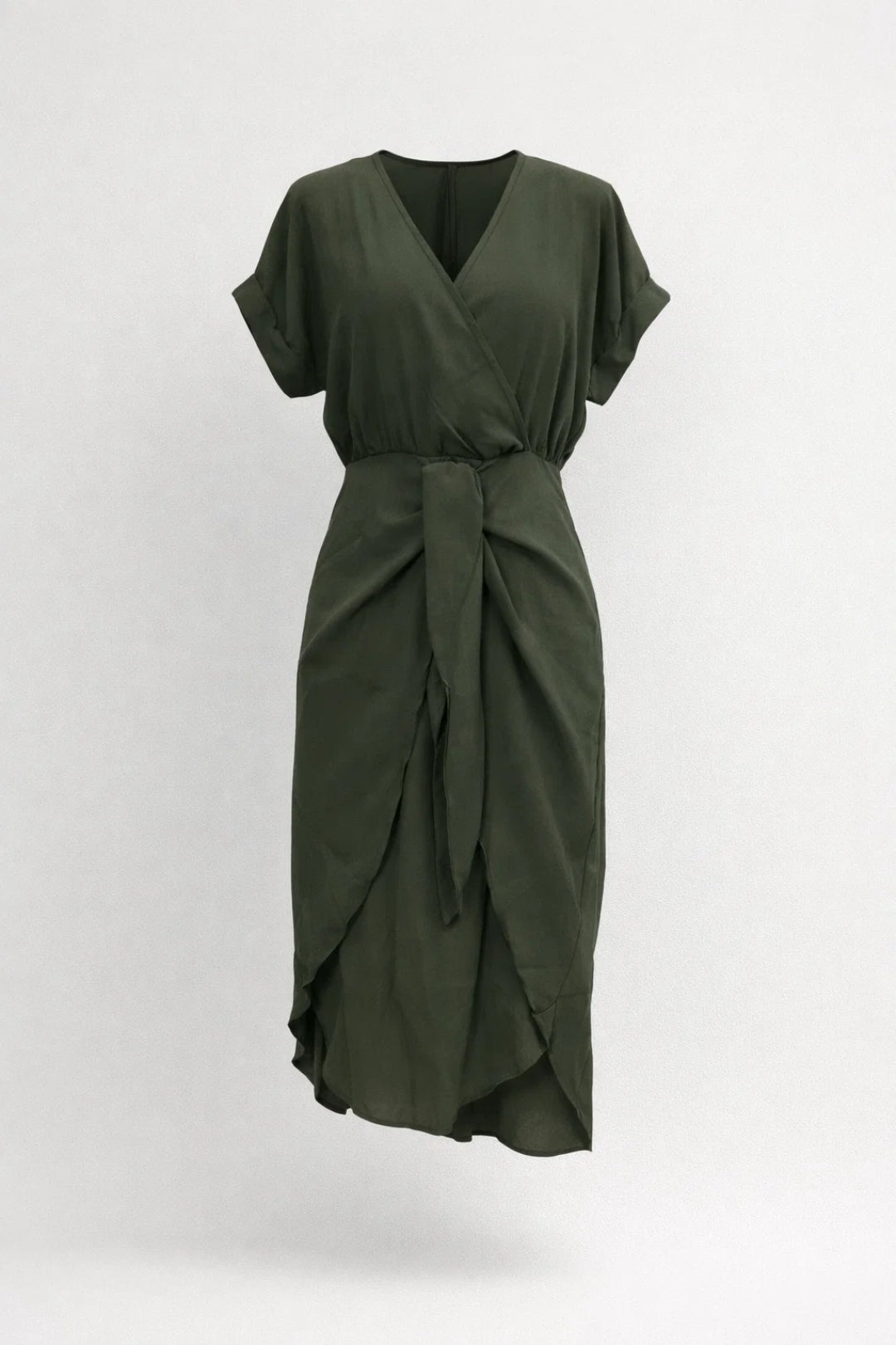 Robe Midi Femme - Col V Croisé Manches Courtes Ceinturée | Élégante