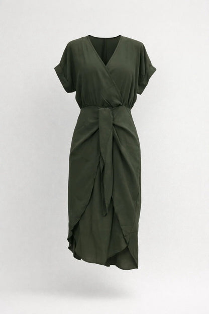 Robe Midi Femme - Col V Croisé Manches Courtes Ceinturée | Élégante