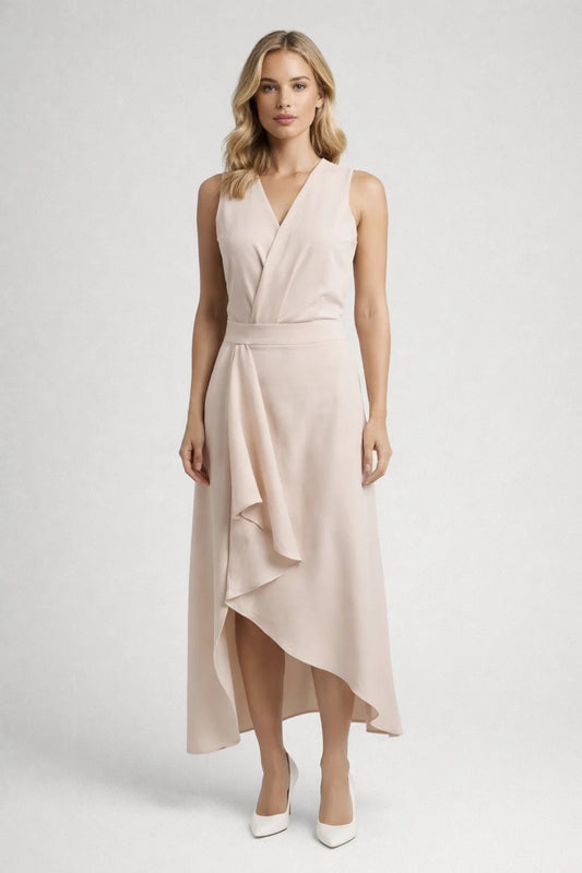 Robe Midi Femme - Sans Manches Col V Volant Asymétrique | Élégante