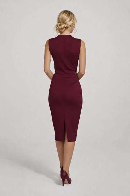Robe Midi Femme - Sans Manches Col Noeud Coupe Ajustée | Élégante