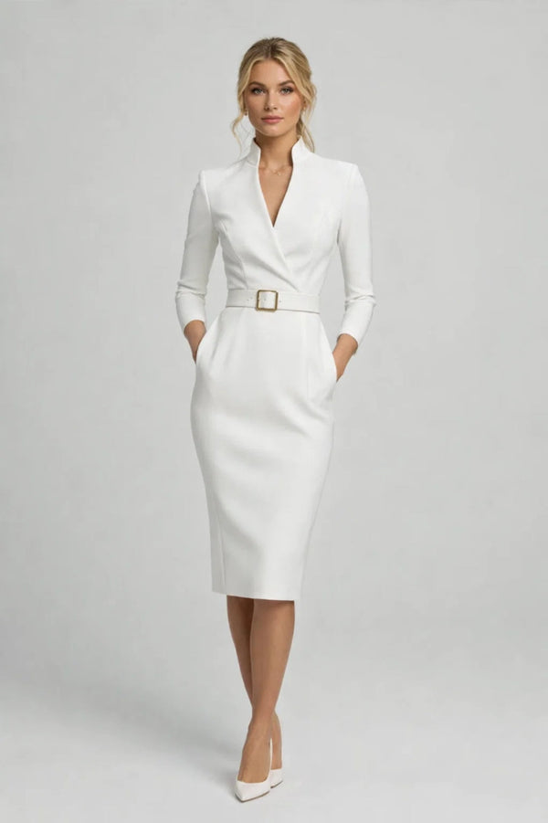 Robe Midi Femme - Col V Manches Longues Ceinturée | Chic