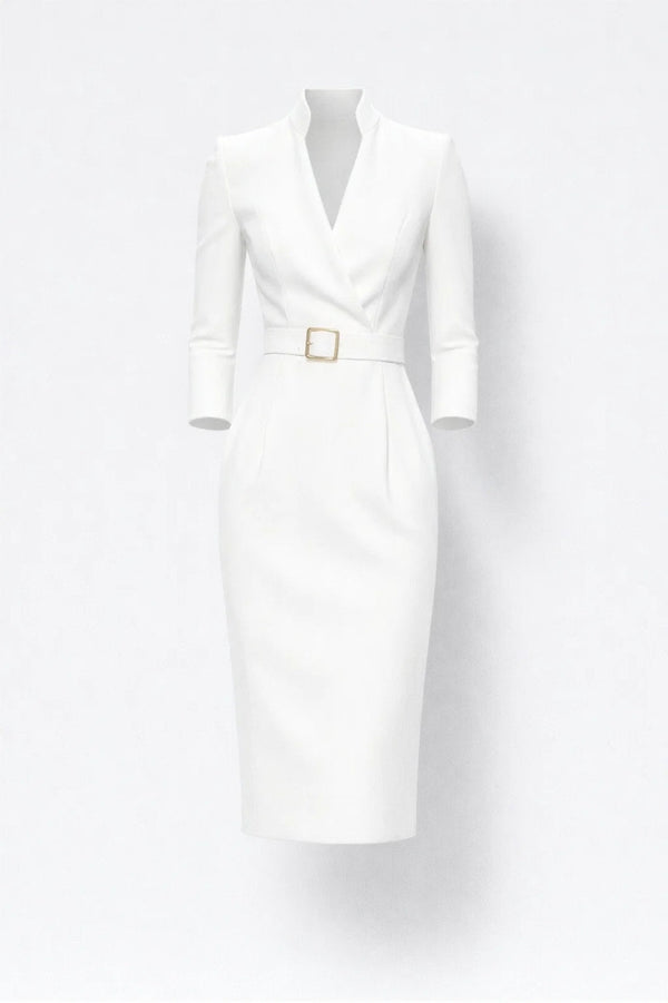 Robe Midi Femme - Col V Manches Longues Ceinturée | Chic