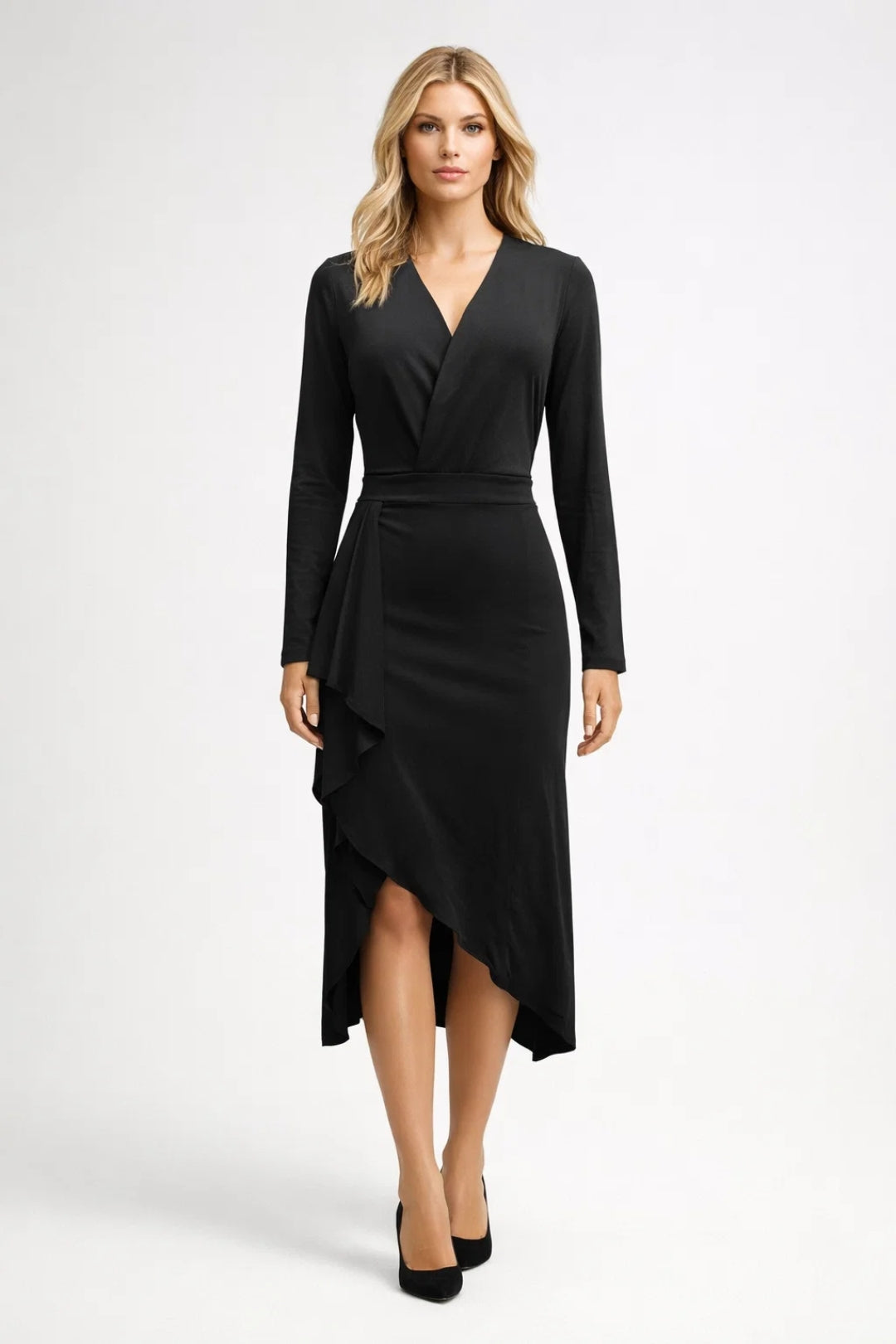 Robe Midi Femme - Col V Croisé Manches Longues Volant | Élégante
