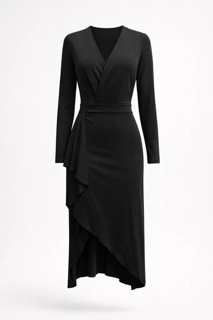 Robe Midi Femme - Col V Croisé Manches Longues Volant | Élégante