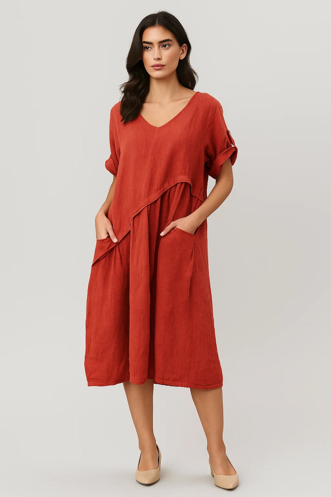 Robe midi ample à poches | Robe décontractée à manches retroussées | Légère et respirante