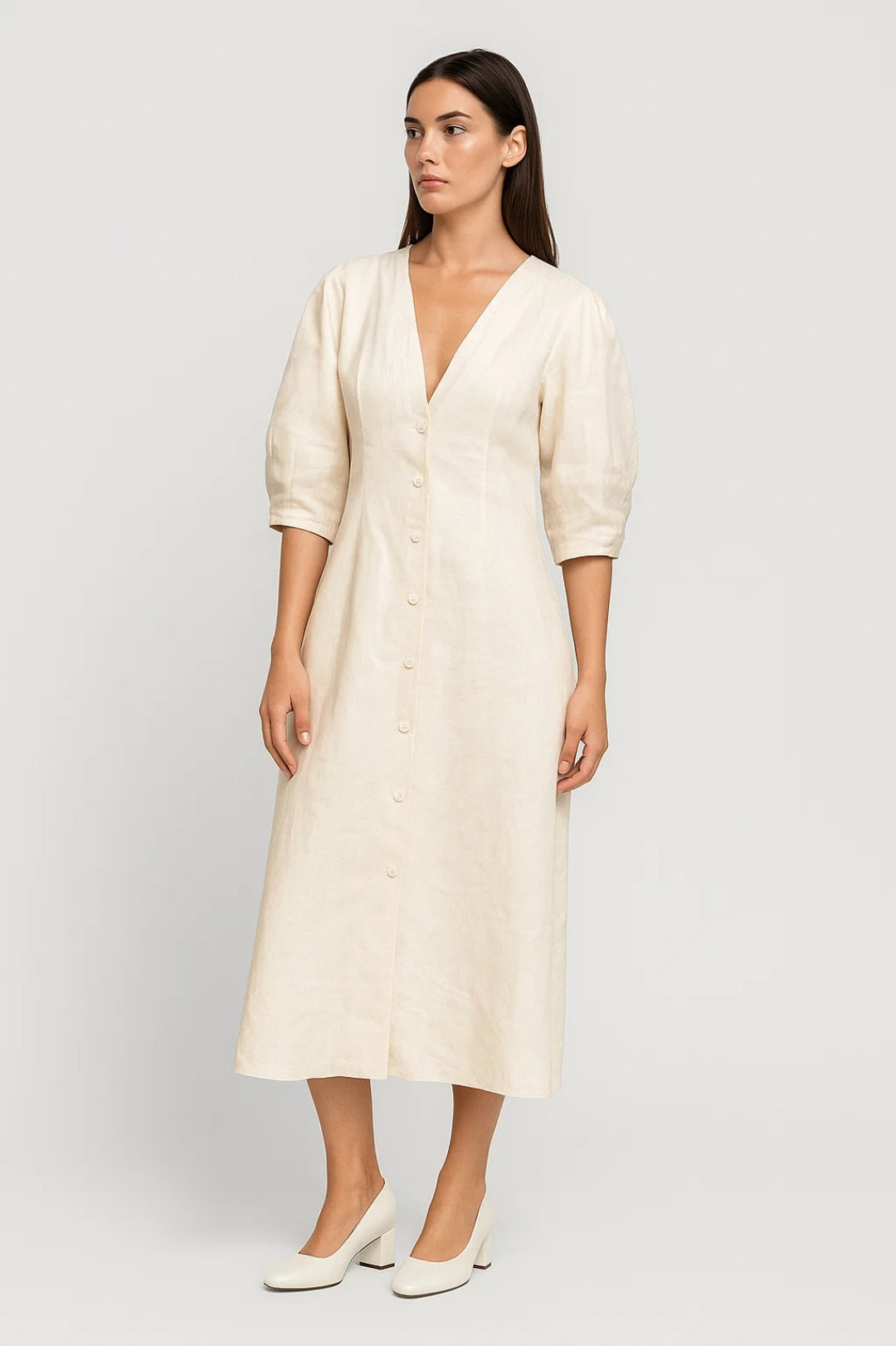 Robe midi boutonnée | Robe à manches bouffantes 3/4 | Légère et respirante